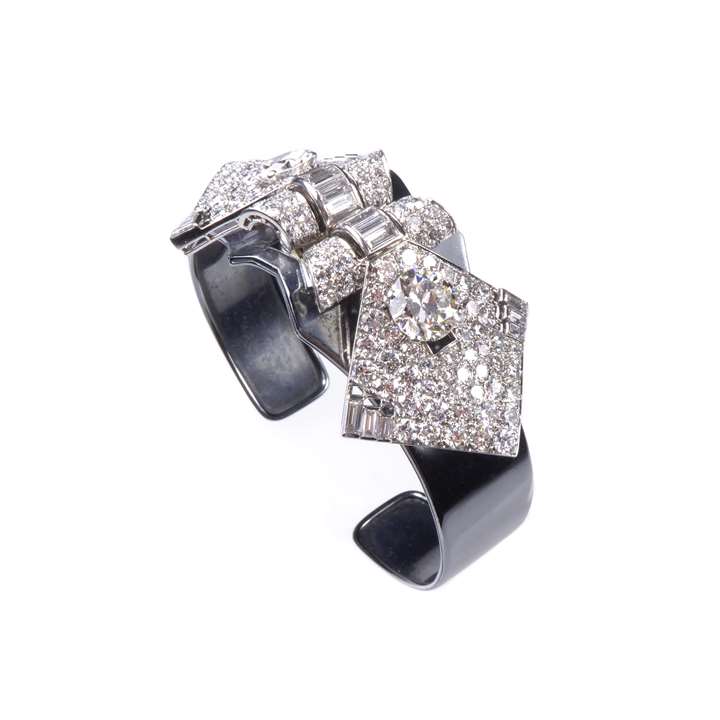 Art Deco diamond double clip brooch with bangle cuff fitting